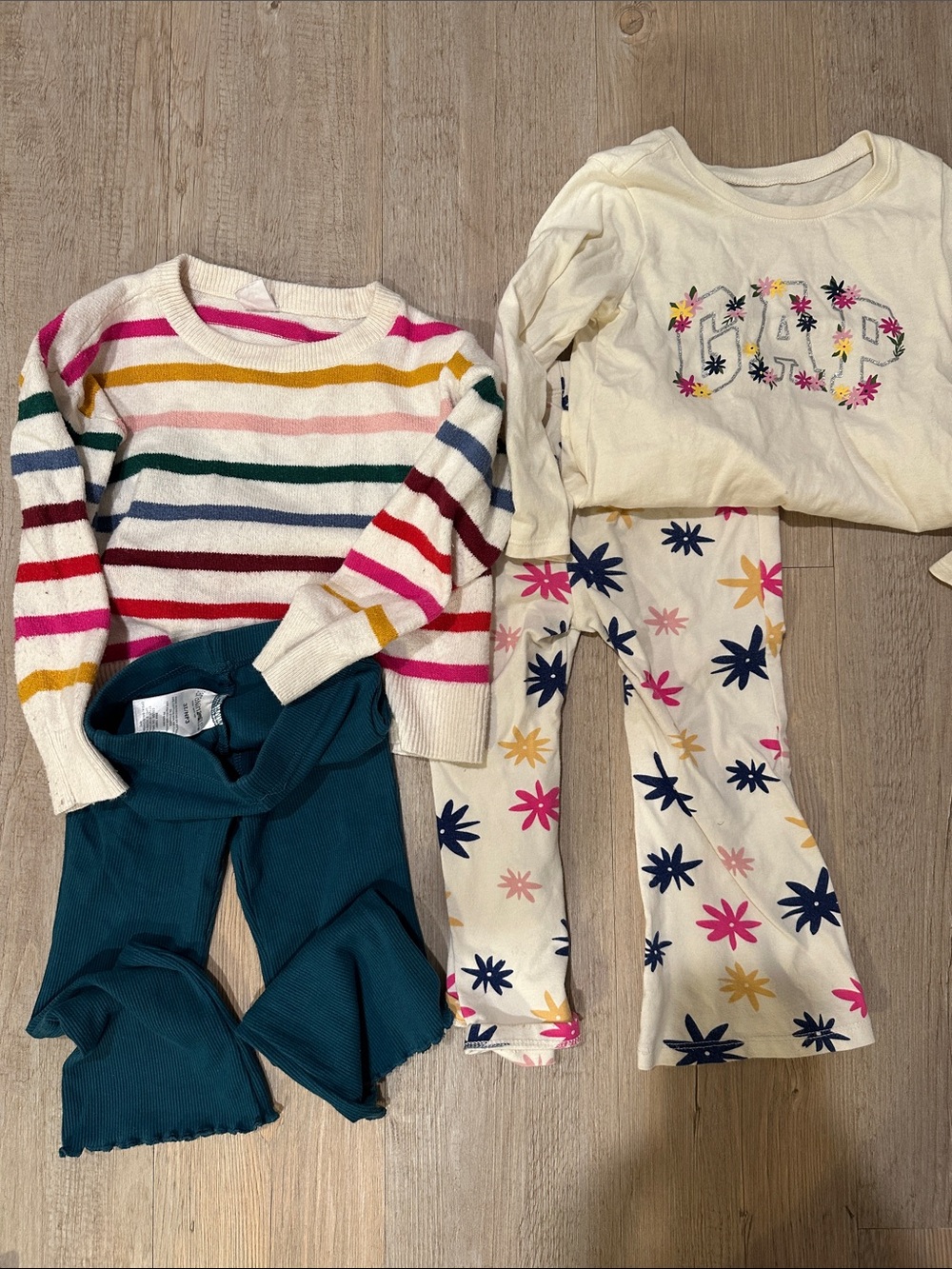 GAP Girls Rainbow Striped Sweater with Floral Logo Top & Teal Leggings